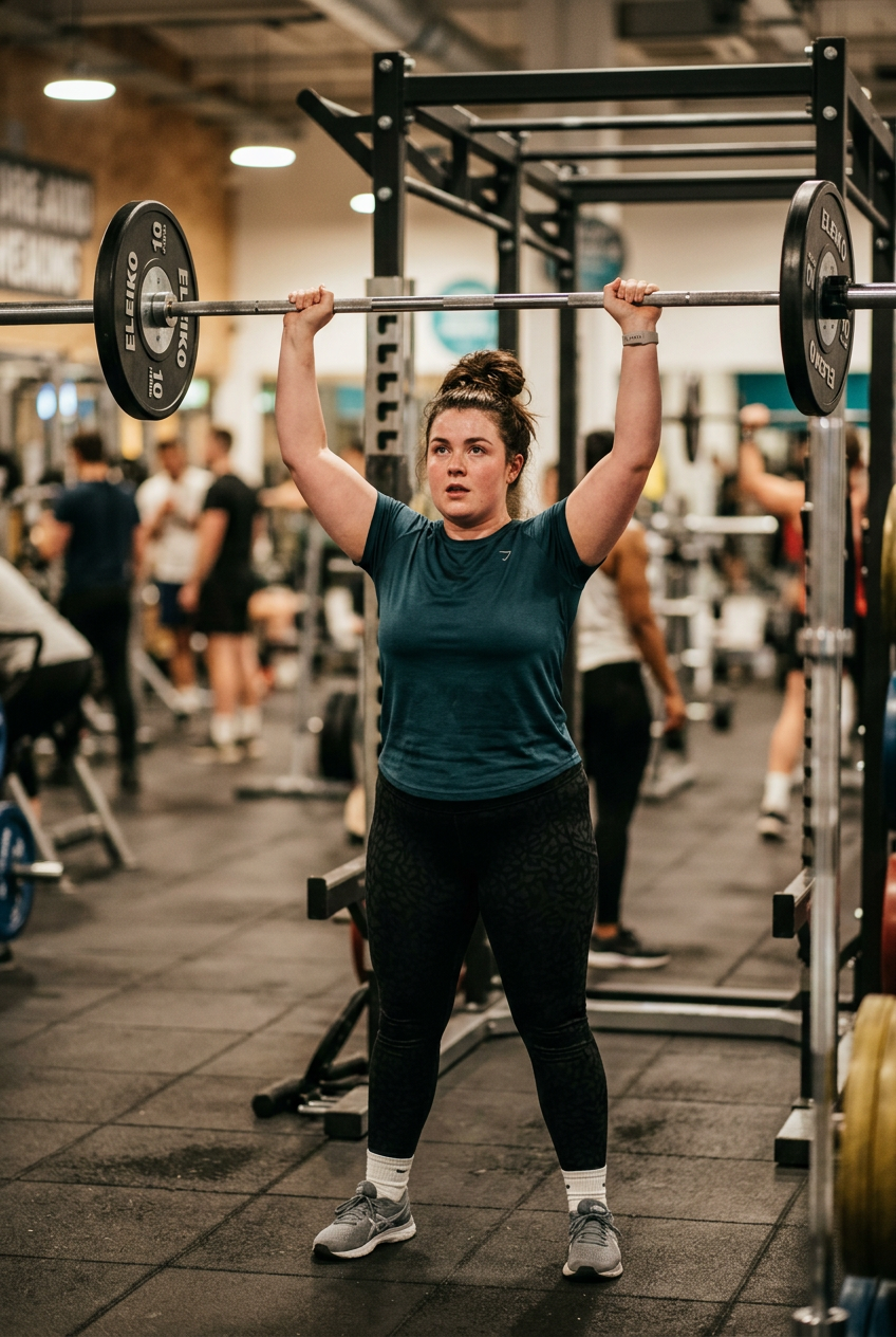 Lady in blue shirt and black leggings doing a weight training
